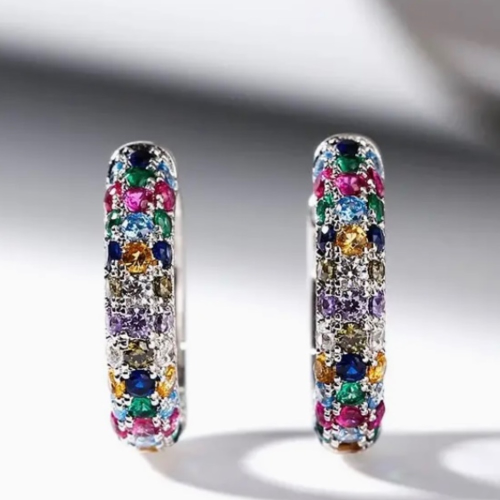 Silver Plated Mini Hoop Earrings Sparkling colorful Zircon Gem - Picture 6 of 10